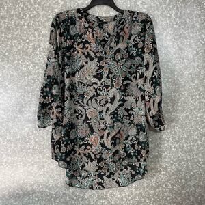 Sami & Jo Women's Boho Chic Black Floral Tunic Length Top - Size XL - Roll Tab